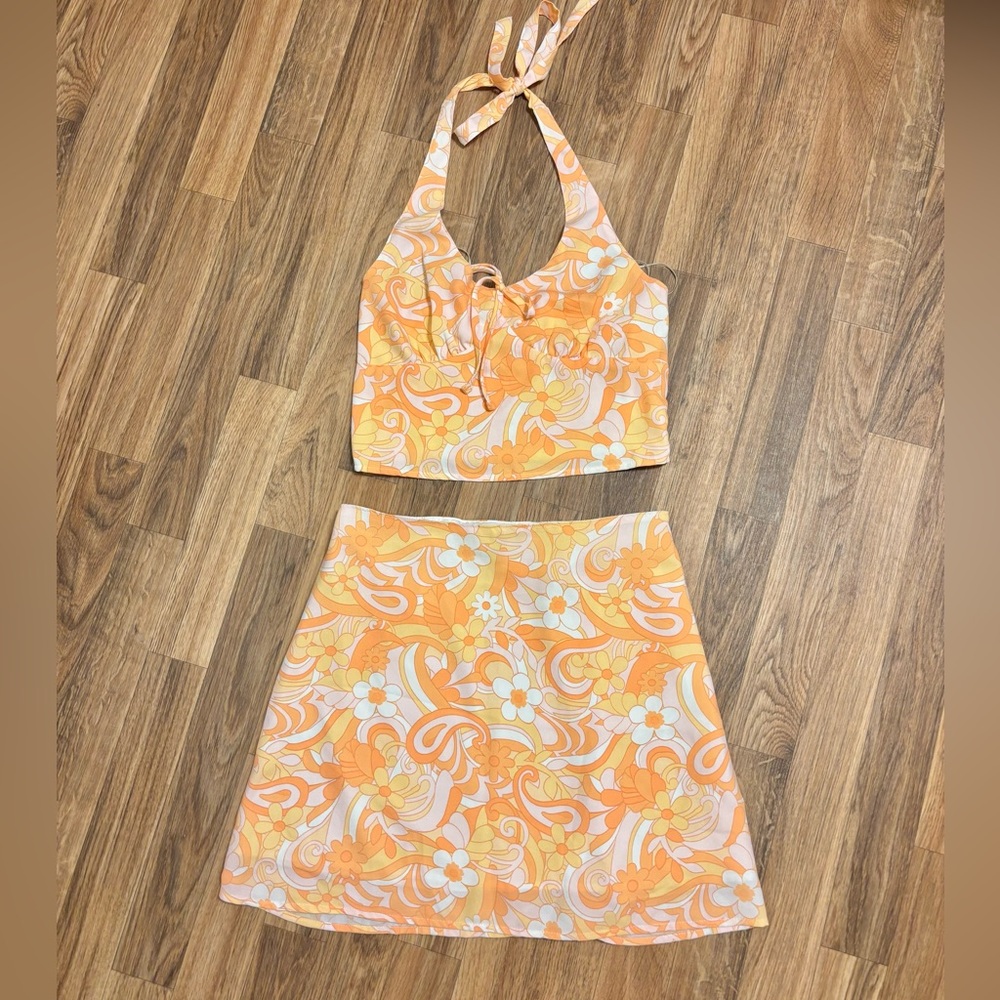 Hollister Vibrant Orange Floral Skirt Set